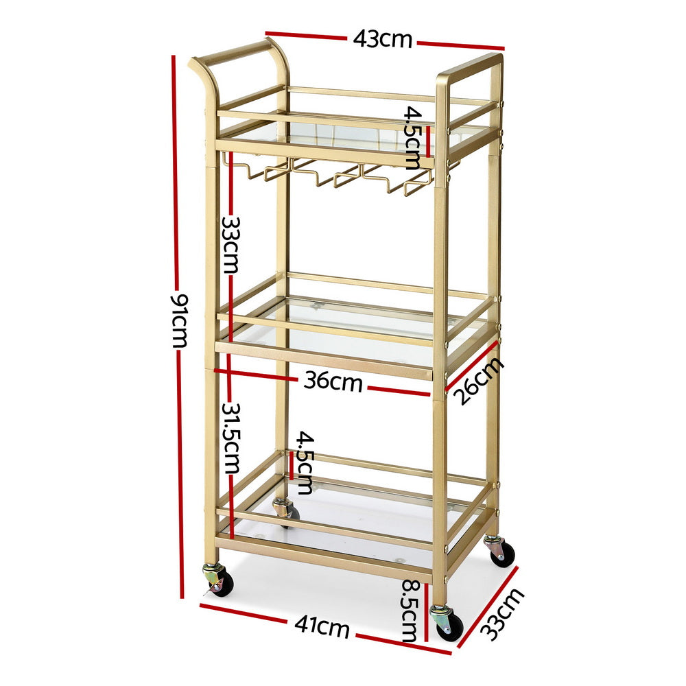 Artiss Kitchen Island Cart Trolley Rolling Serving Storage Wine Glass 43cm Gold - Image 3
