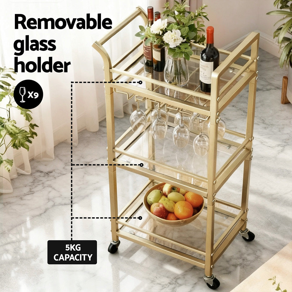 Artiss Kitchen Island Cart Trolley Rolling Serving Storage Wine Glass 43cm Gold - Image 5