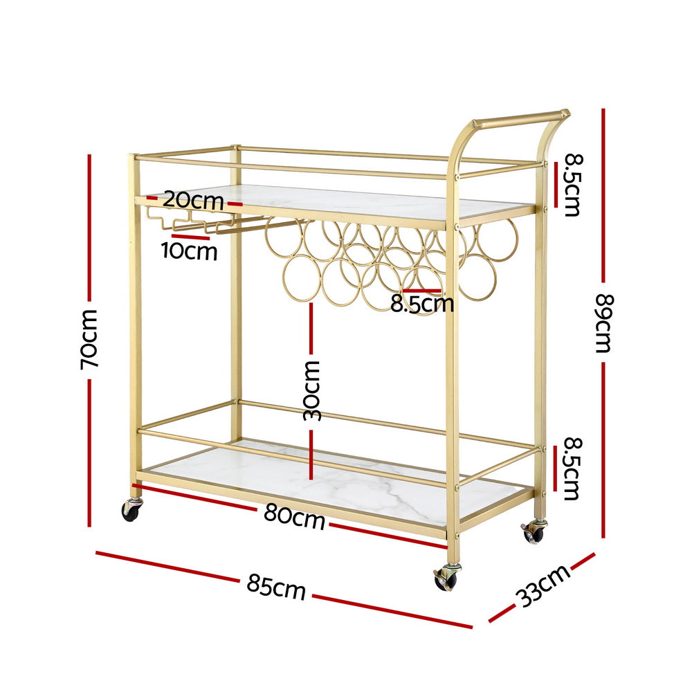 Artiss Bar Cart Drinks Trolley Serving Wine Rack Glass Holder Marble 85cm Gold - Image 3