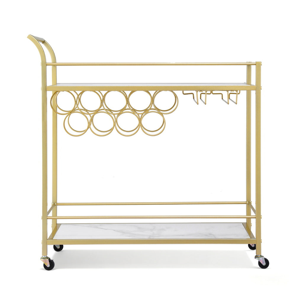 Artiss Bar Cart Drinks Trolley Serving Wine Rack Glass Holder Marble 85cm Gold - Image 4