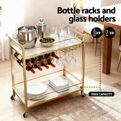 Artiss Bar Cart Drinks Trolley Serving Wine Rack Glass Holder Marble 85cm Gold - Image 5