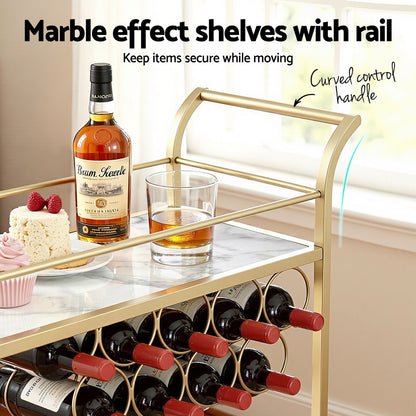 Artiss Bar Cart Drinks Trolley Serving Wine Rack Glass Holder Marble 85cm Gold - Image 6