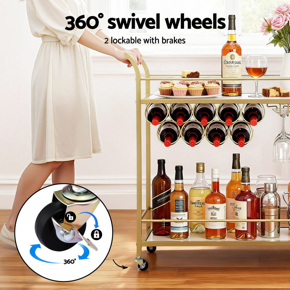 Artiss Bar Cart Drinks Trolley Serving Wine Rack Glass Holder Marble 85cm Gold - Image 7
