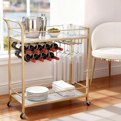 Artiss Bar Cart Drinks Trolley Serving Wine Rack Glass Holder Marble 85cm Gold - Image 8