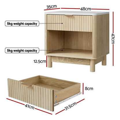 Artiss 2X Bedside Table Nightstand 1 Drawer Shelves Pine - Image 3