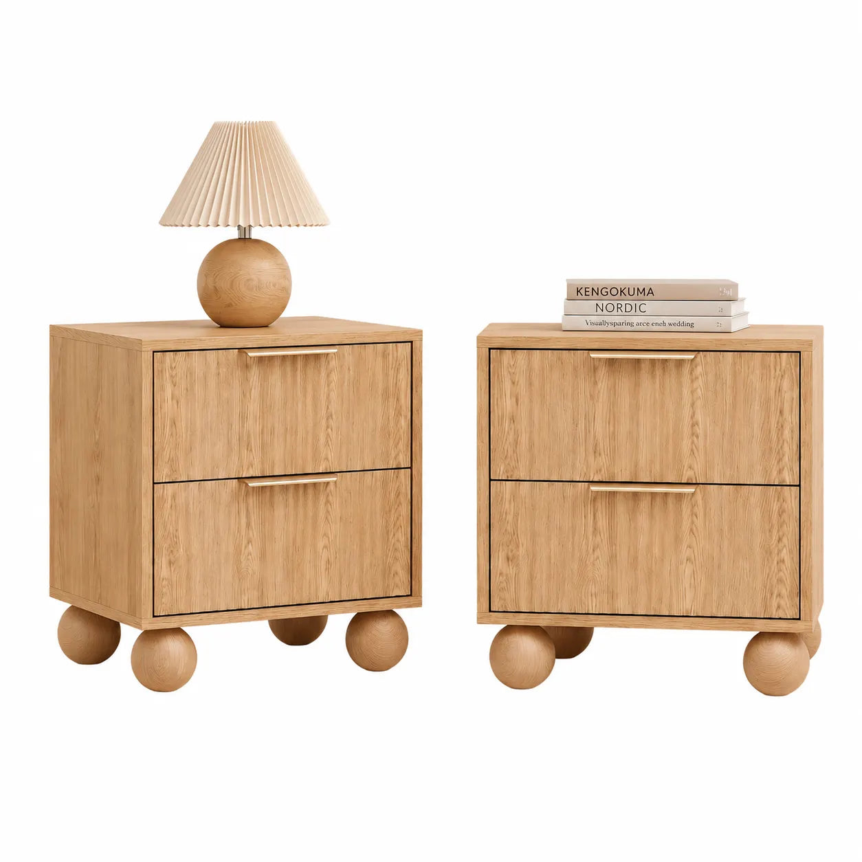 Artiss 2x Bedside Table Round Legs 2 Drawers Pine - Image 2