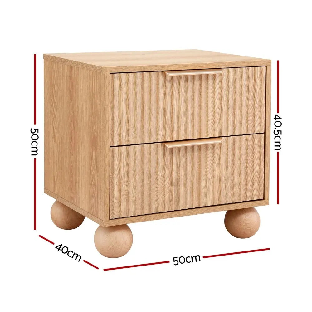 Artiss 2x Bedside Table Round Legs 2 Drawers Pine - Image 3