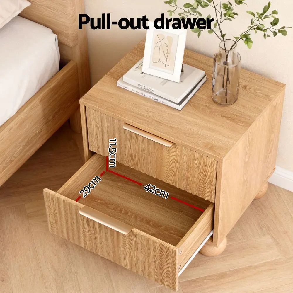 Artiss 2x Bedside Table Round Legs 2 Drawers Pine - Image 5