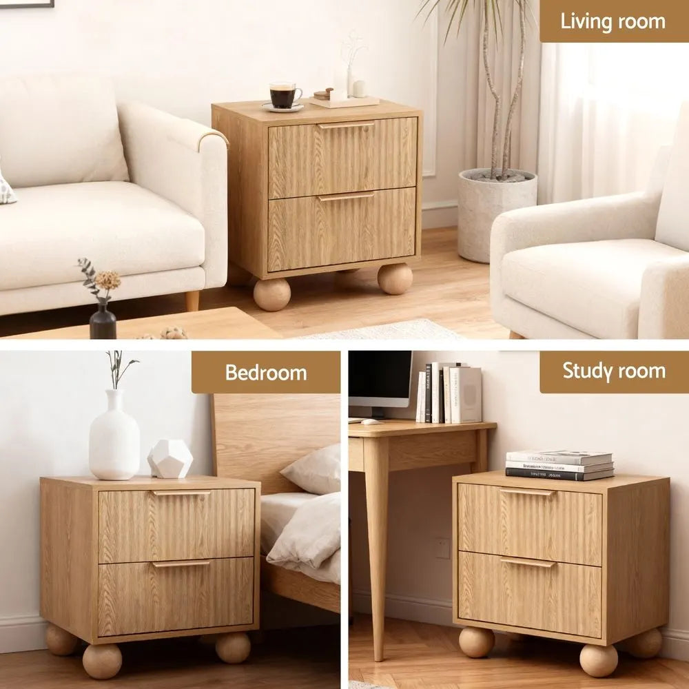 Artiss 2x Bedside Table Round Legs 2 Drawers Pine - Image 7