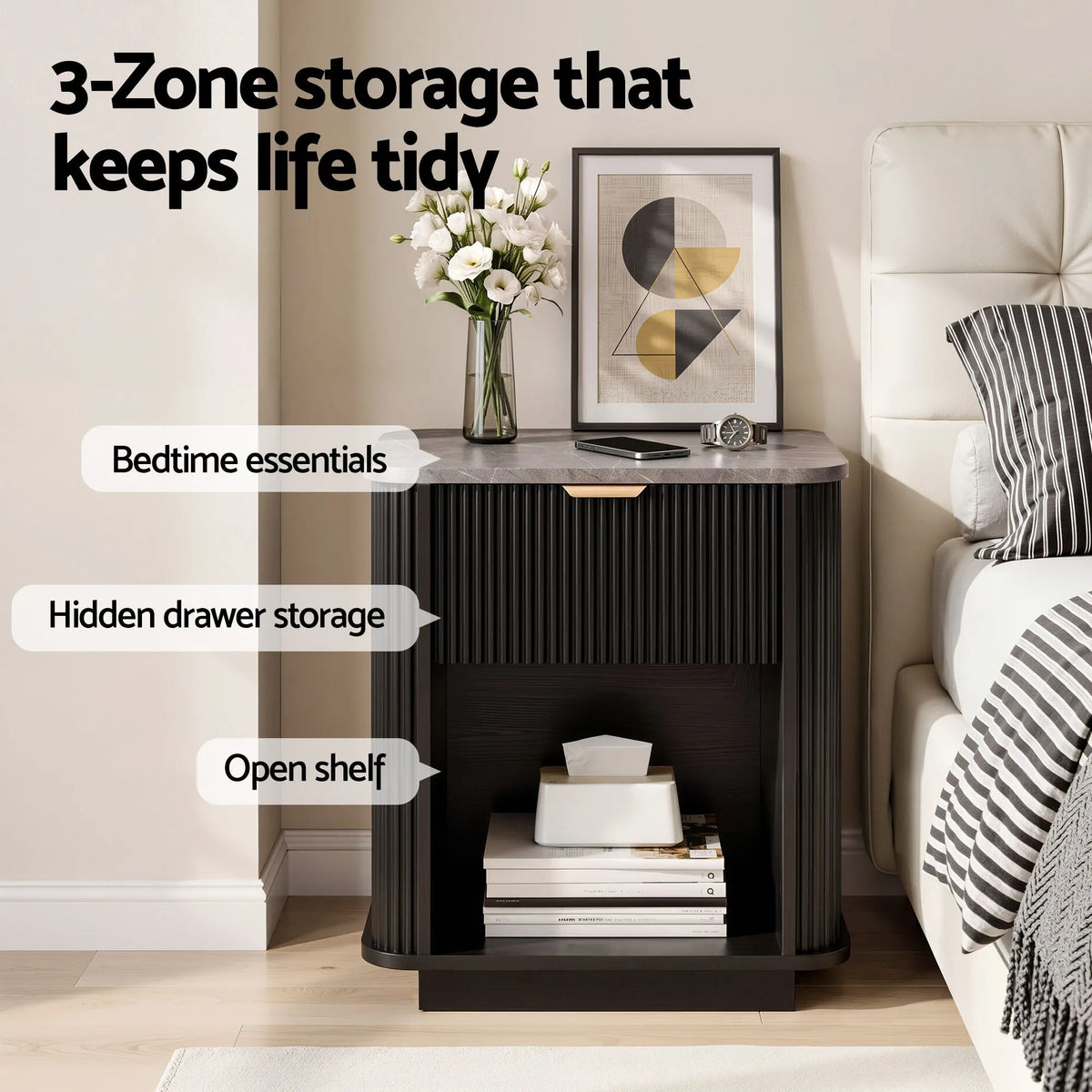 Artiss Bedside Table with 1 Drawer Side Table Black Nightstand - Image 5