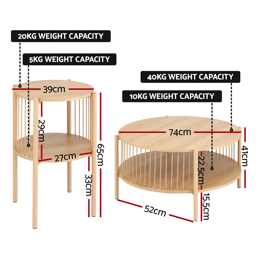 Artiss Coffee Table 2-Tier Round Wood - Image 2