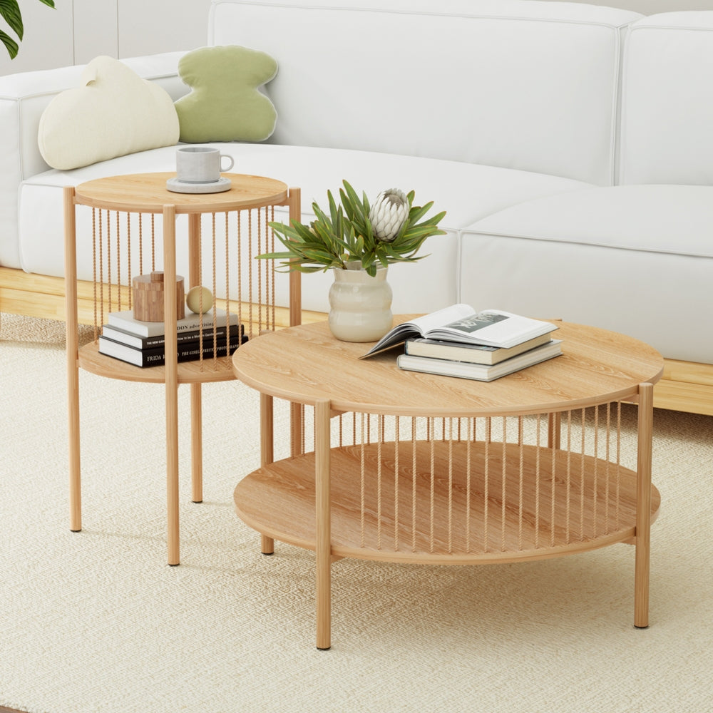 Artiss Coffee Table 2-Tier Round Wood - Image 7