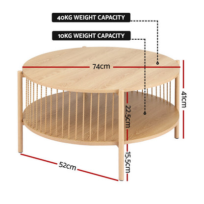 Artiss Coffee Table 2-Tier Round Wood - Image 2