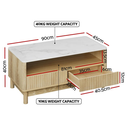Artiss Coffee Table Drawer Shelf Marble Effect Wood&White - Image 2