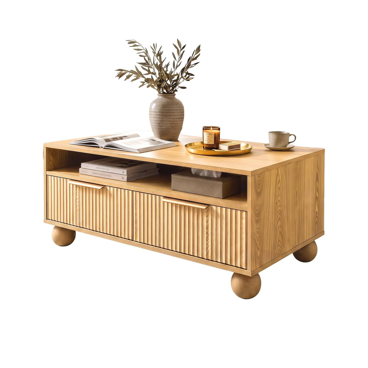 Artiss Coffee Table 90cm Center Table Fluted Drawers Open Shelf Spherical Solid Legs Wood - Image 2
