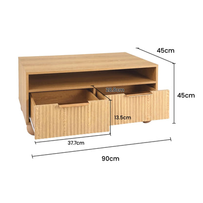 Artiss Coffee Table 90cm Center Table Fluted Drawers Open Shelf Spherical Solid Legs Wood - Image 3