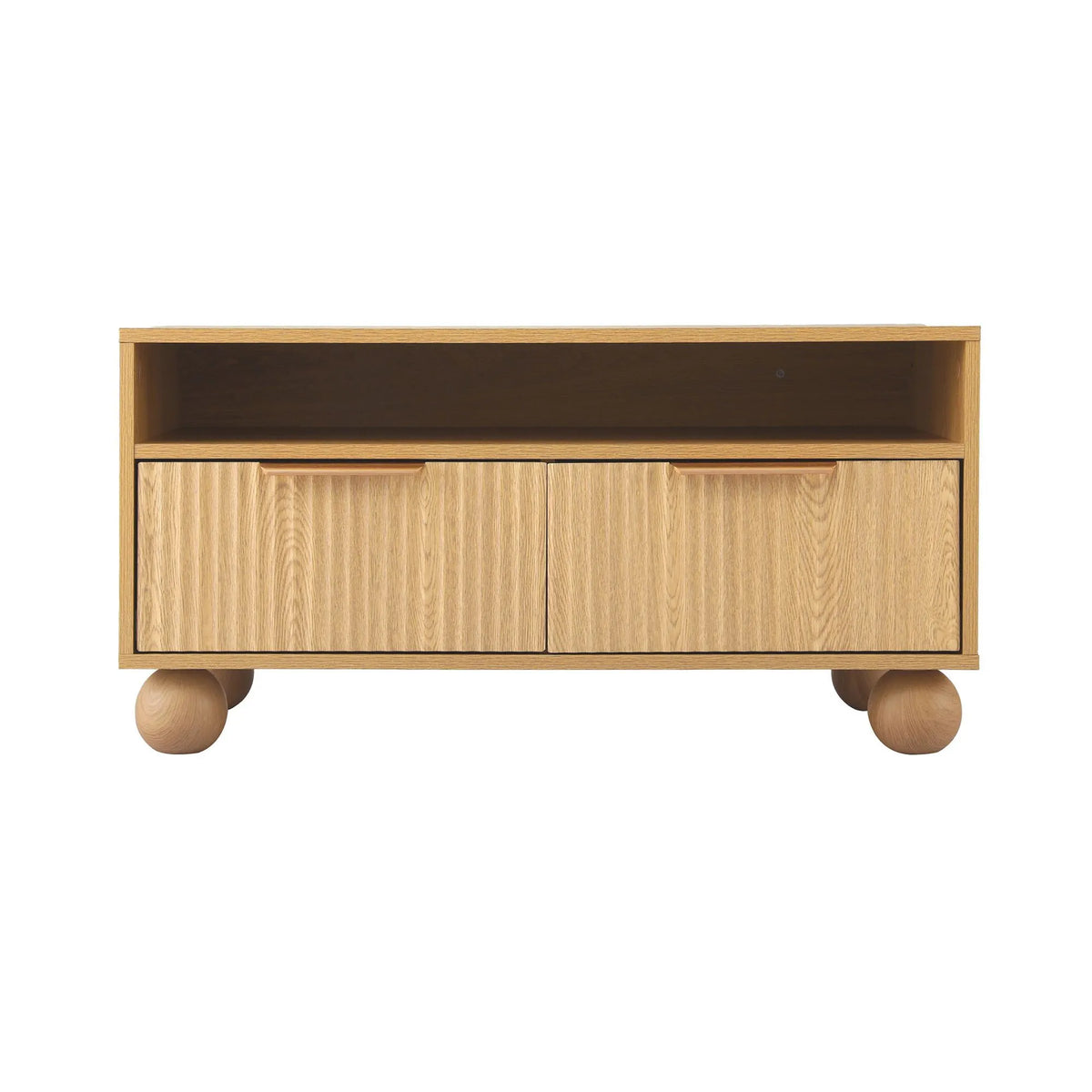 Artiss Coffee Table 90cm Center Table Fluted Drawers Open Shelf Spherical Solid Legs Wood - Image 4