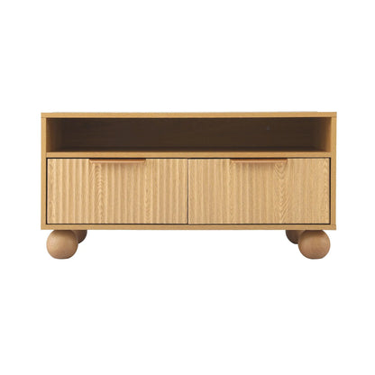 Artiss Coffee Table 90cm Center Table Fluted Drawers Open Shelf Spherical Solid Legs Wood - Image 4