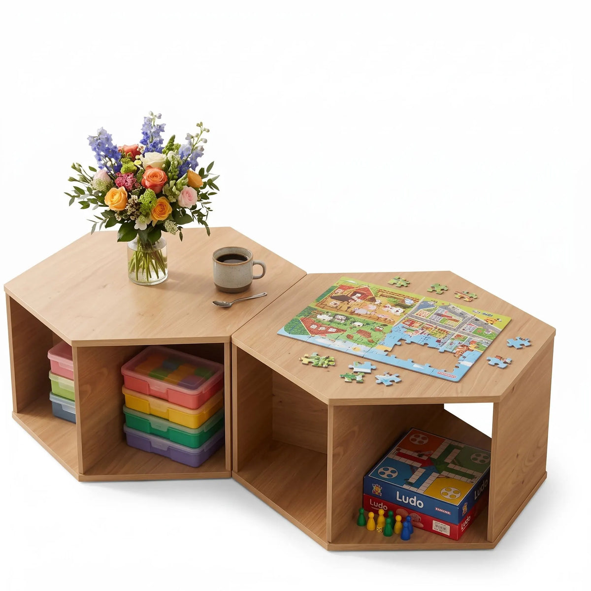 Artiss Set of 2 Coffee Table Hexagonal Center Table with Open Storage 2-Way Display Side Table Wood - Image 2
