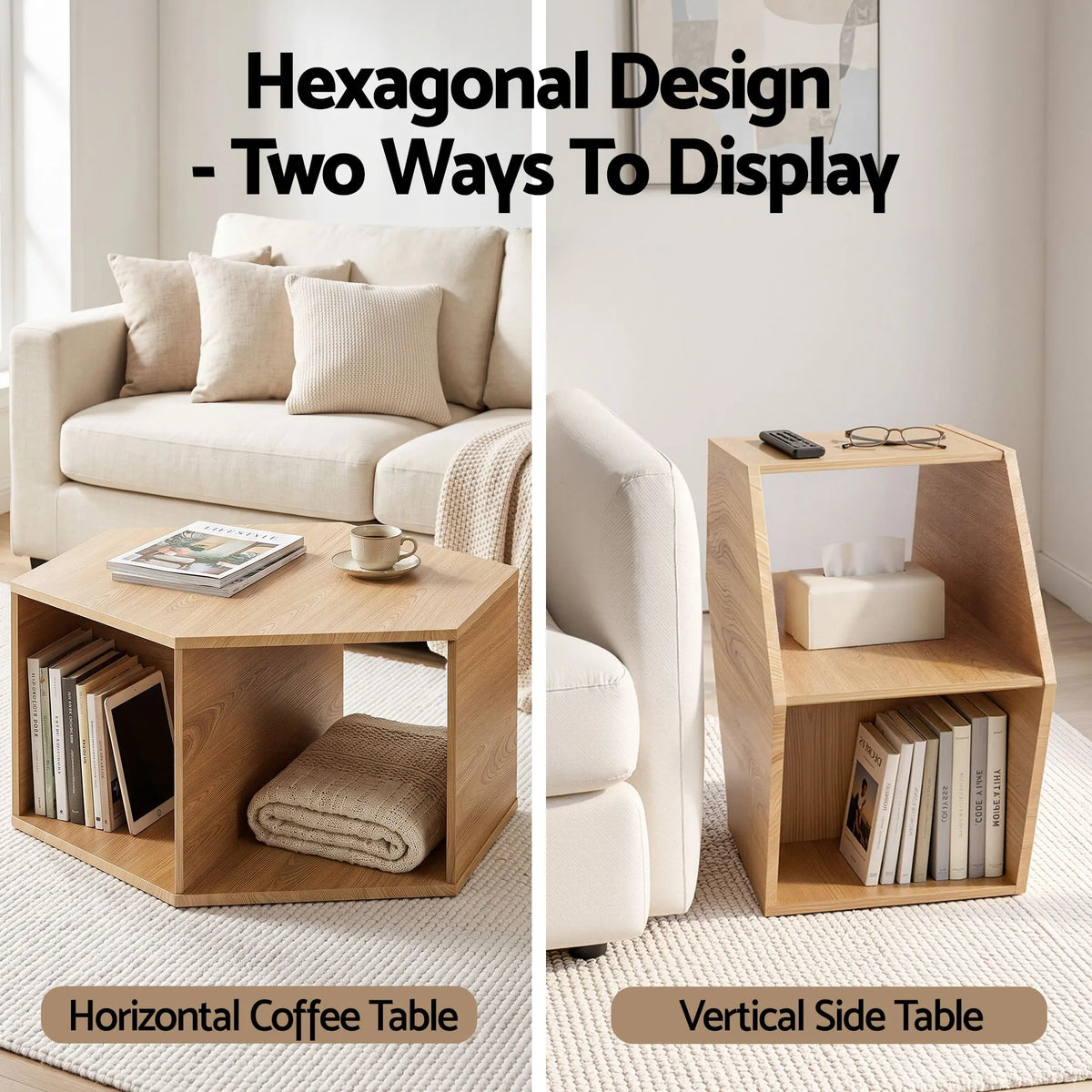 Artiss Set of 2 Coffee Table Hexagonal Center Table with Open Storage 2-Way Display Side Table Wood - Image 6