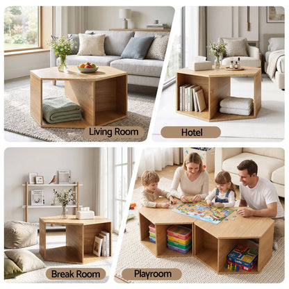 Artiss Set of 2 Coffee Table Hexagonal Center Table with Open Storage 2-Way Display Side Table Wood - Image 8