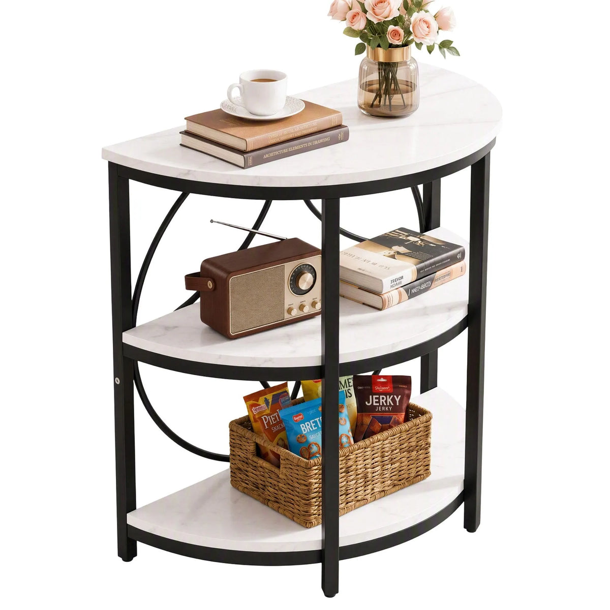 Artiss Semi-Circle End Table 3 Tier Coffee Table Side Nightstand Shelf Marble Effect White&Black - Image 3