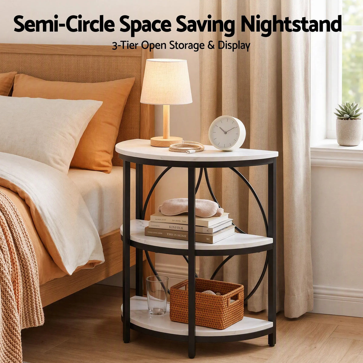 Artiss Semi-Circle End Table 3 Tier Coffee Table Side Nightstand Shelf Marble Effect White&Black - Image 6