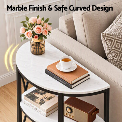 Artiss Semi-Circle End Table 3 Tier Coffee Table Side Nightstand Shelf Marble Effect White&Black - Image 7