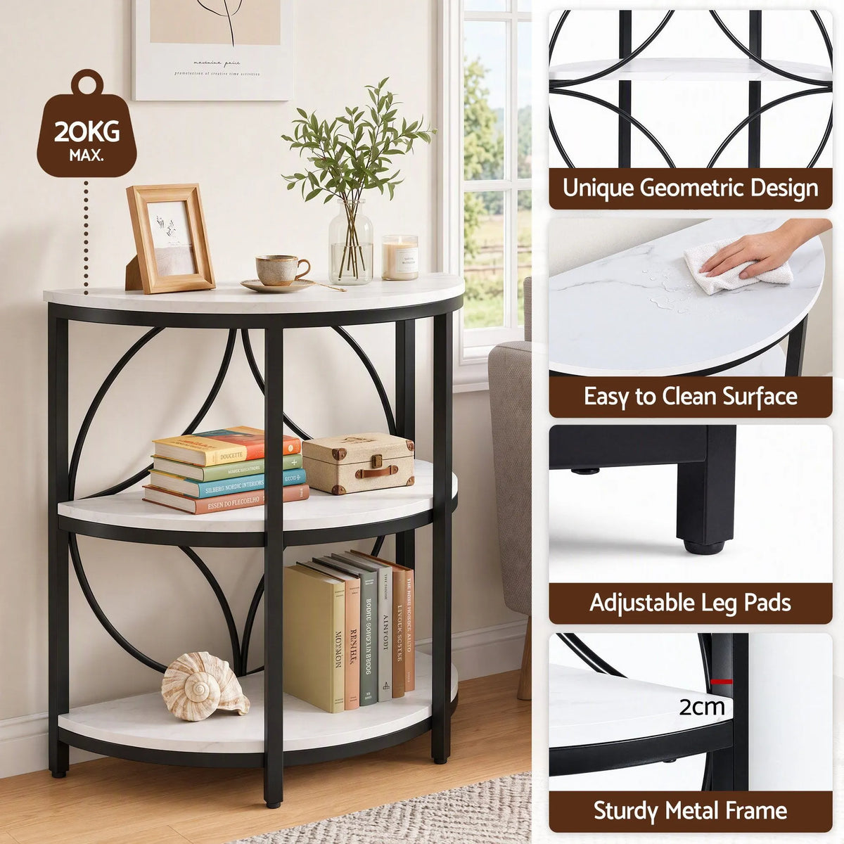 Artiss Semi-Circle End Table 3 Tier Coffee Table Side Nightstand Shelf Marble Effect White&Black - Image 8