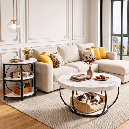 Artiss Semi-Circle End Table 3 Tier Coffee Table Side Nightstand Shelf Marble Effect White&Black - Image 9