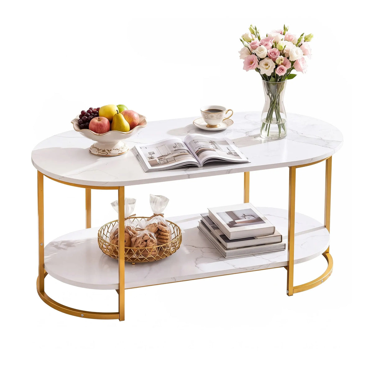 Artiss Coffee Table 2 Tier Oval Marble Finish Storage Shelf Metal Frame Center Table Living Room 100x50x45cm White & Gold - Image 2