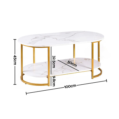 Artiss Coffee Table 2 Tier Oval Marble Finish Storage Shelf Metal Frame Center Table Living Room 100x50x45cm White & Gold - Image 3