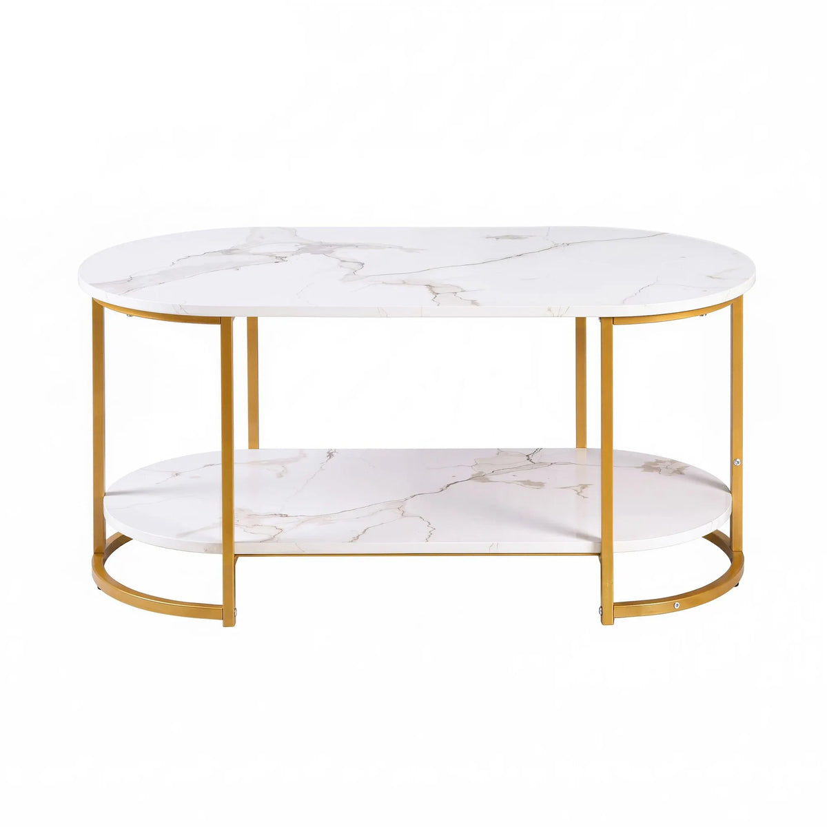 Artiss Coffee Table 2 Tier Oval Marble Finish Storage Shelf Metal Frame Center Table Living Room 100x50x45cm White & Gold - Image 4