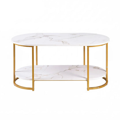 Artiss Coffee Table 2 Tier Oval Marble Finish Storage Shelf Metal Frame Center Table Living Room 100x50x45cm White & Gold - Image 4