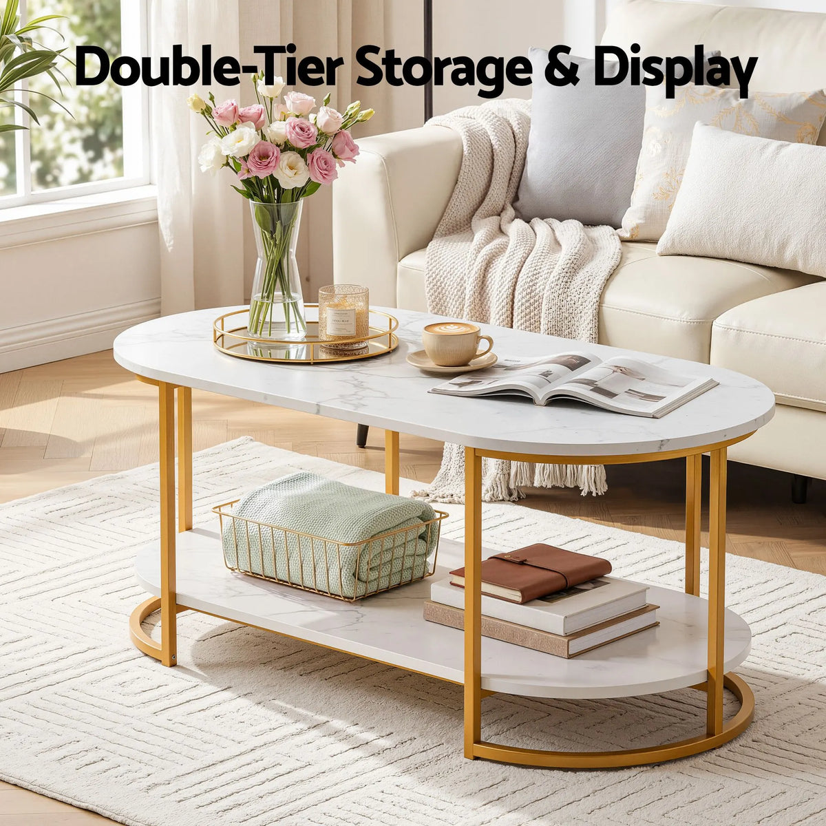 Artiss Coffee Table 2 Tier Oval Marble Finish Storage Shelf Metal Frame Center Table Living Room 100x50x45cm White & Gold - Image 5