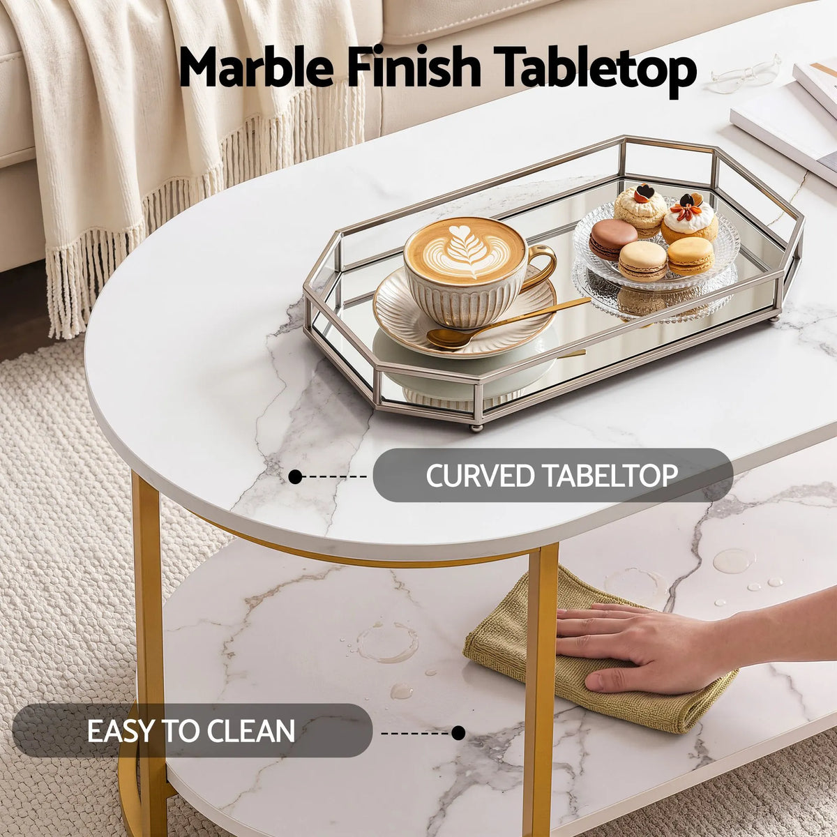 Artiss Coffee Table 2 Tier Oval Marble Finish Storage Shelf Metal Frame Center Table Living Room 100x50x45cm White & Gold - Image 6