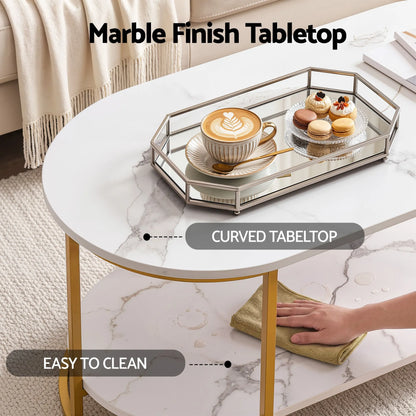 Artiss Coffee Table 2 Tier Oval Marble Finish Storage Shelf Metal Frame Center Table Living Room 100x50x45cm White & Gold - Image 6