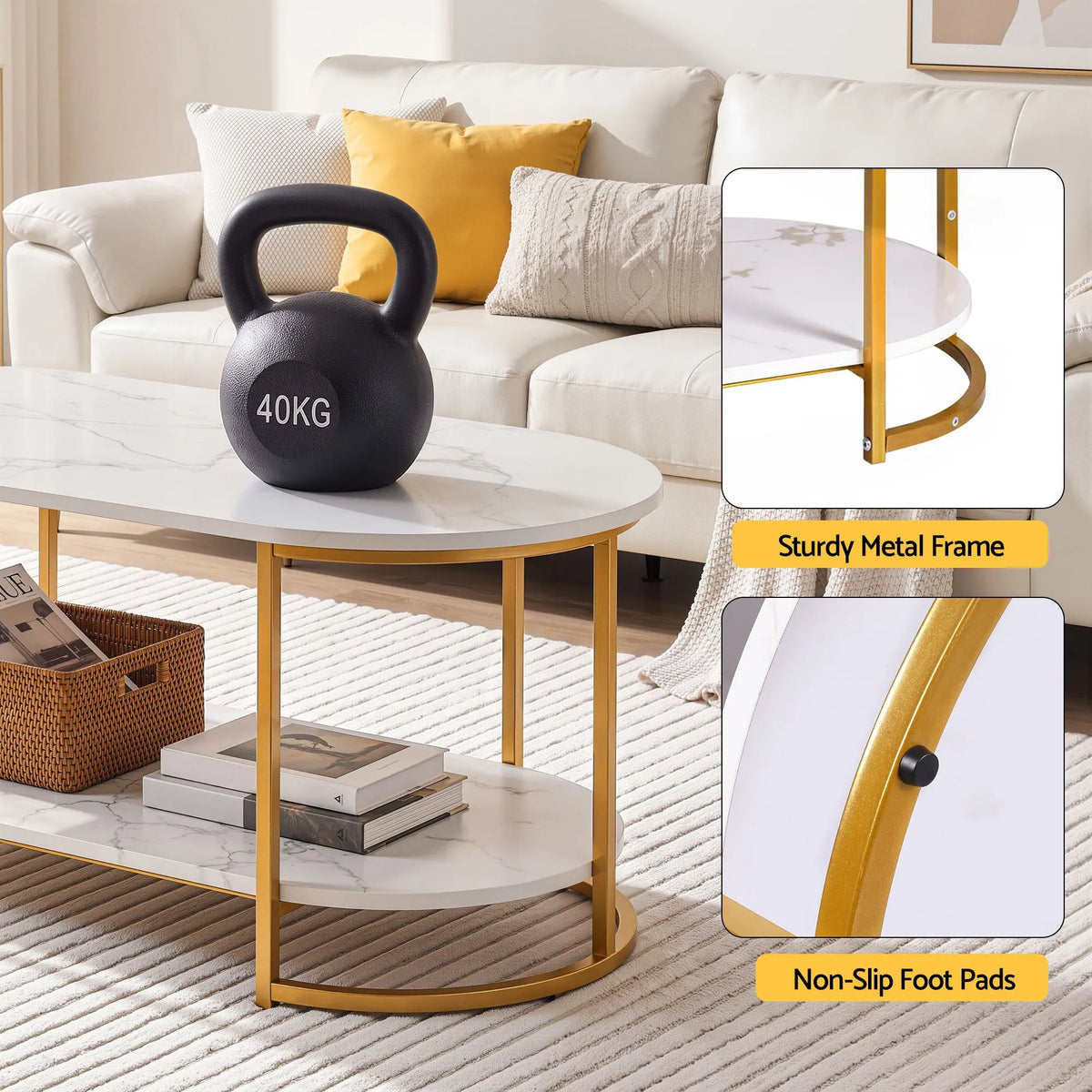 Artiss Coffee Table 2 Tier Oval Marble Finish Storage Shelf Metal Frame Center Table Living Room 100x50x45cm White & Gold - Image 7