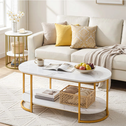 Artiss Coffee Table 2 Tier Oval Marble Finish Storage Shelf Metal Frame Center Table Living Room 100x50x45cm White & Gold - Image 8