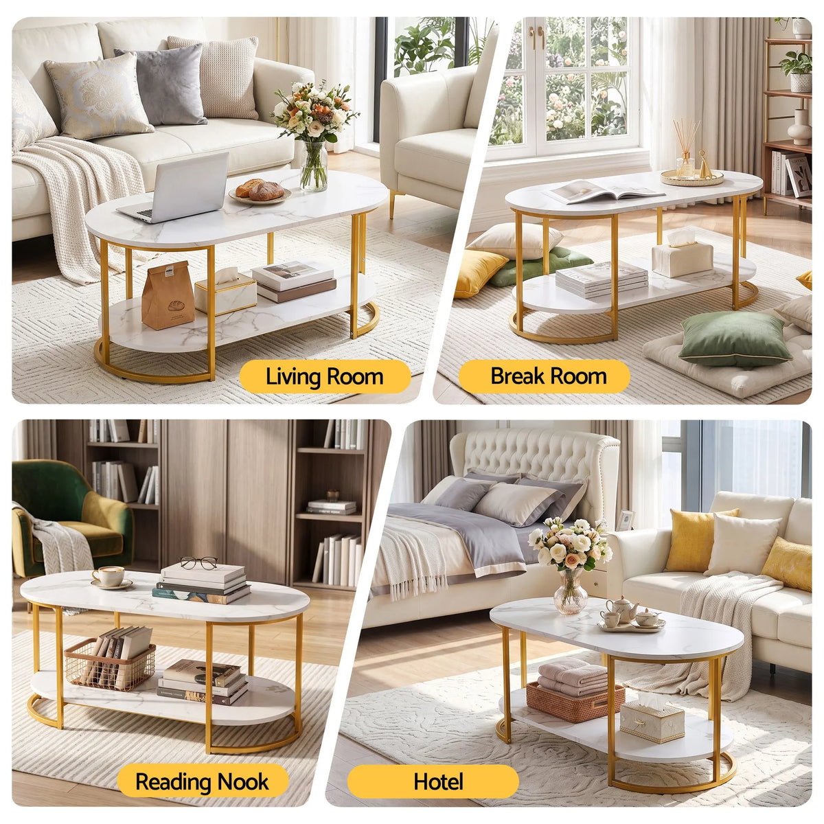 Artiss Coffee Table 2 Tier Oval Marble Finish Storage Shelf Metal Frame Center Table Living Room 100x50x45cm White & Gold - Image 9