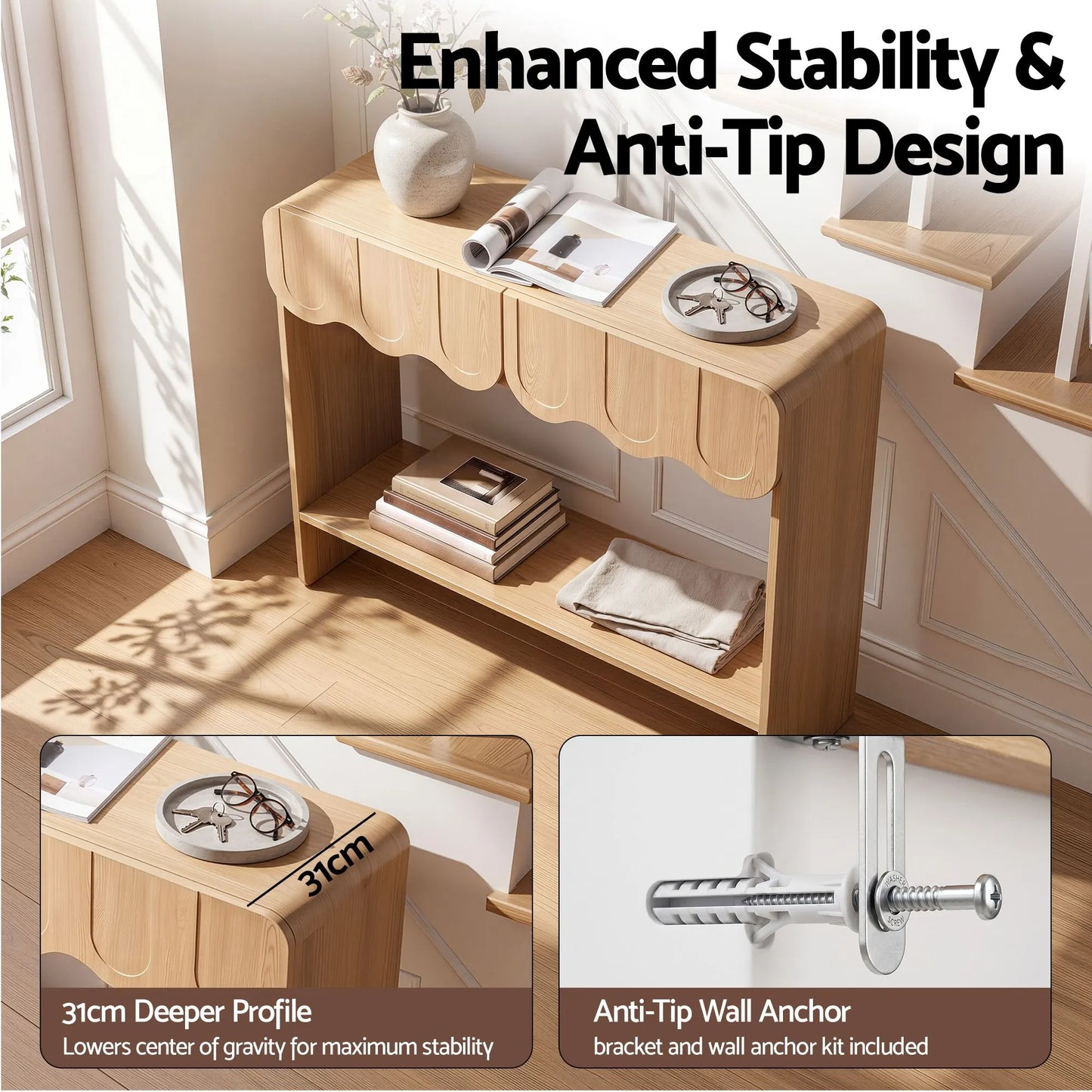 Artiss 2-Drawer Console Table, Scalloped Entryway Table with Safe Rounded Corners, 100 x 31 x 80 cm - Image 7