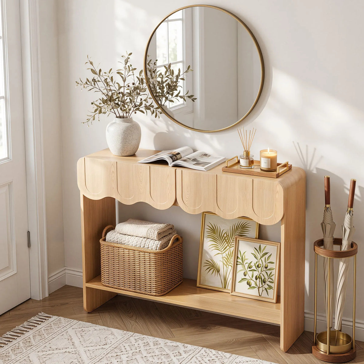 Artiss 2-Drawer Console Table, Scalloped Entryway Table with Safe Rounded Corners, 100 x 31 x 80 cm - Image 9