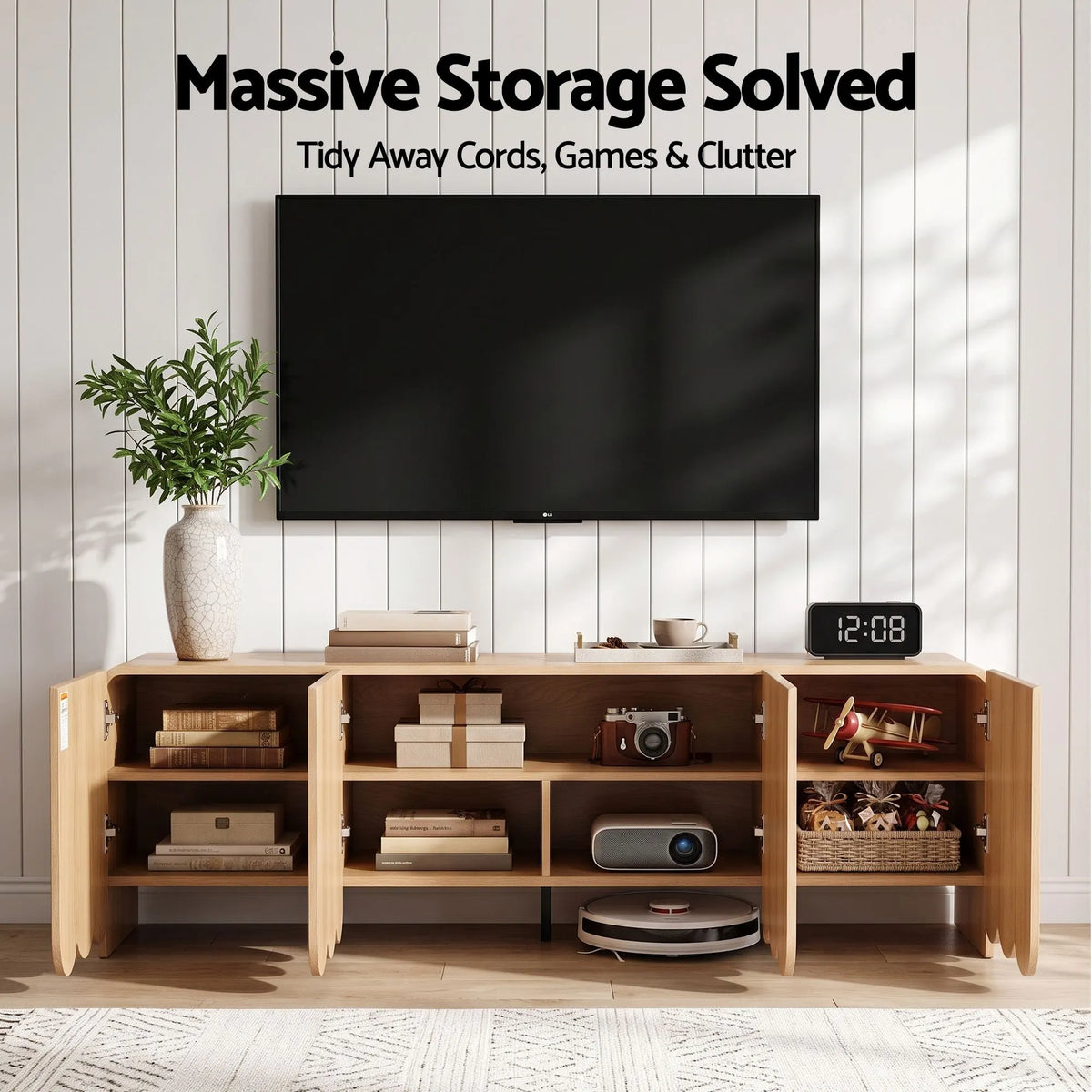 Artiss 180cm TV Unit Scalloped Entertainment Cabinet w/ Adjustable Shelves Wood - Image 6