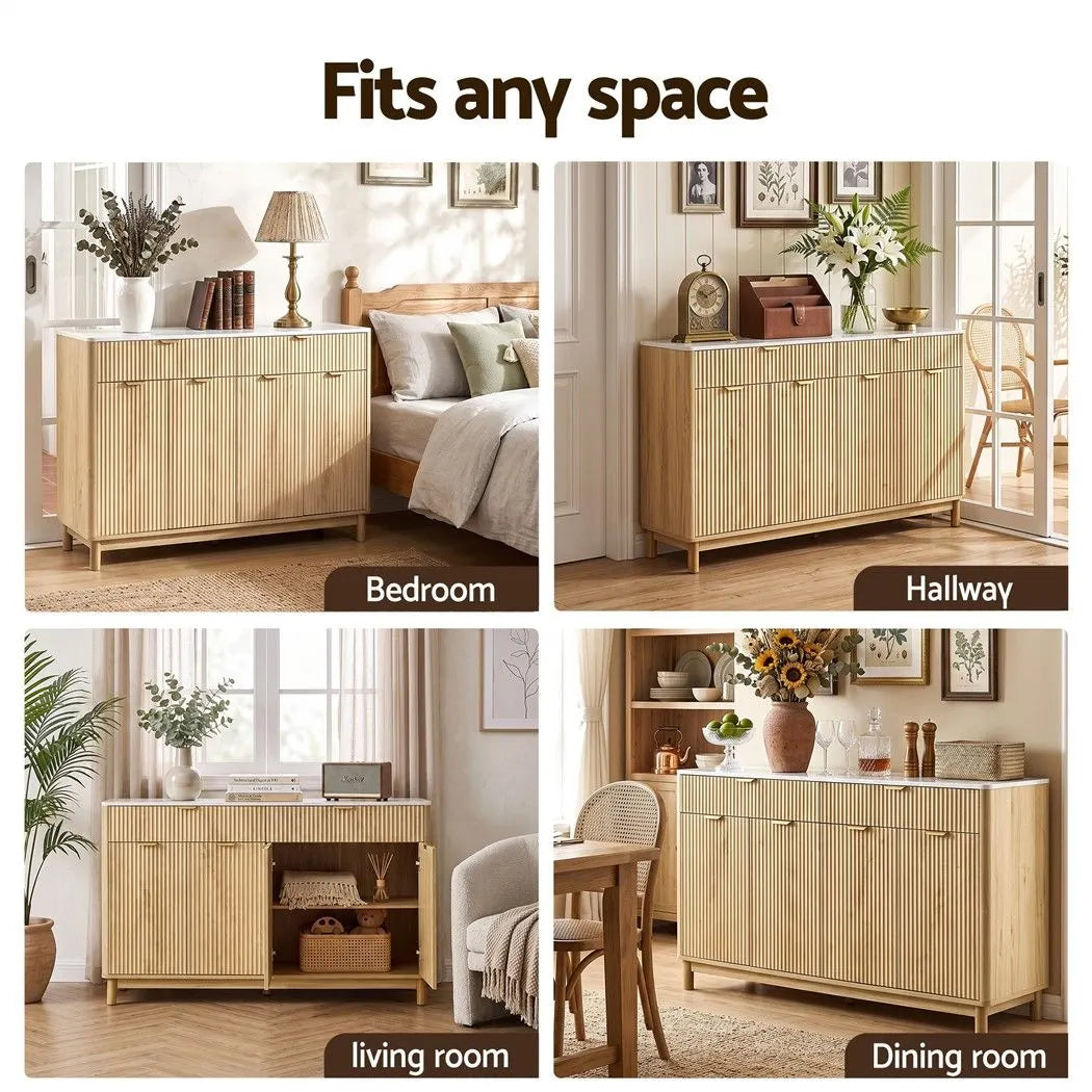 Artiss Buffet Sideboard Cabinet Kitchen Storage Cupboard Marble 2 Drawers Pine - Image 9