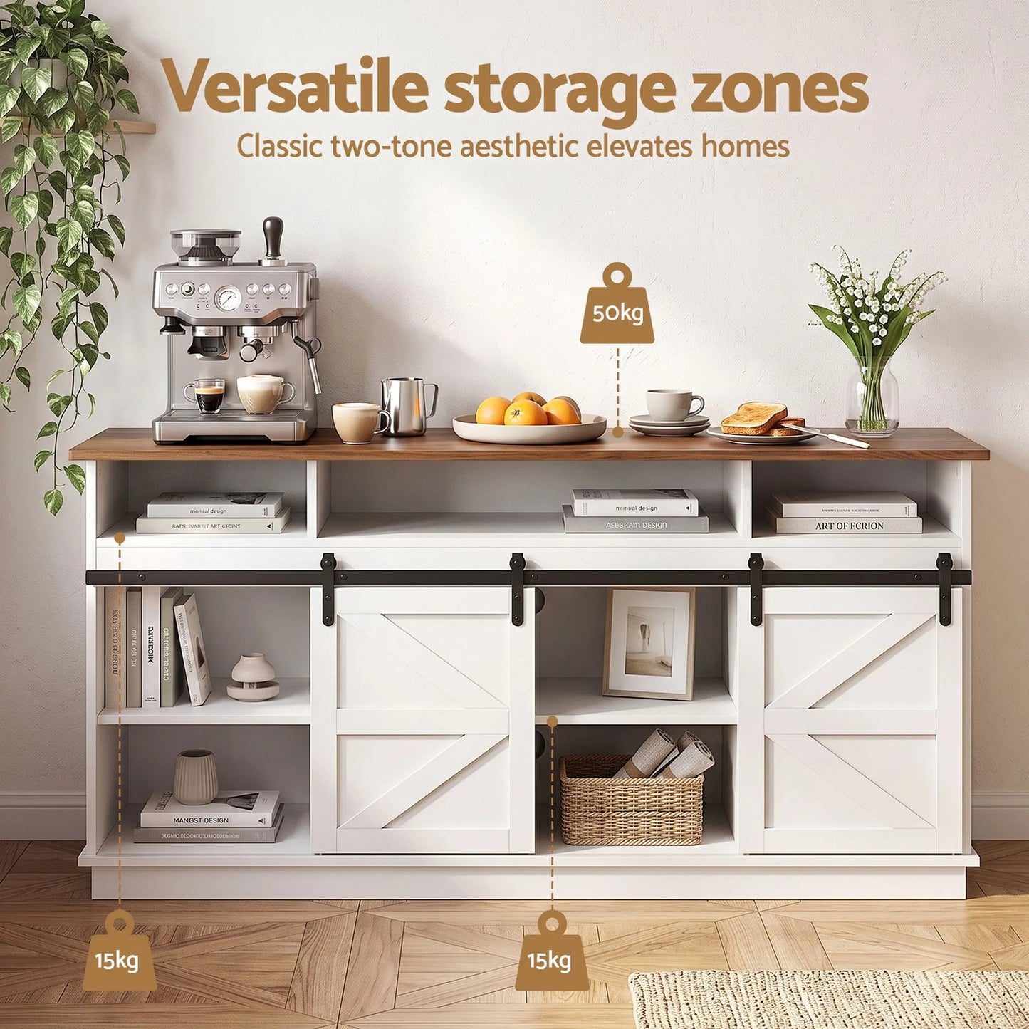 Artiss Buffet Sideboard Cabinet 150cm 3-Tier Kitchen Storage Sliding Doors White - Image 6