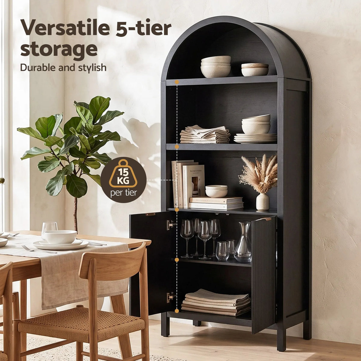 Artiss Buffet Sideboard Cabinet Pantry 180CM Arched Storage Bookshelf Black - Image 5