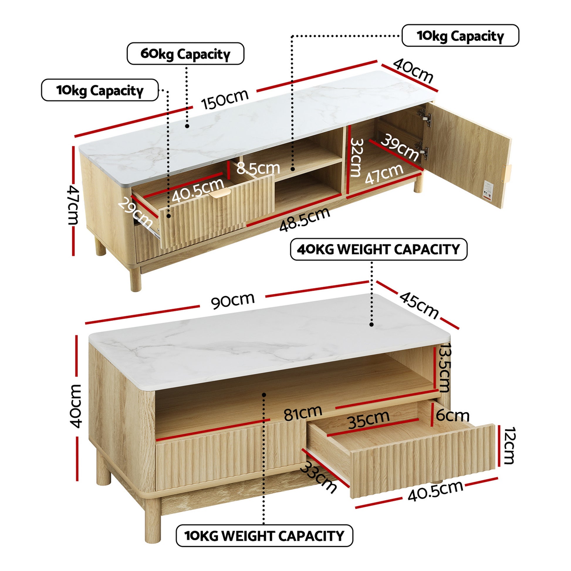 Artiss TV Unit & Coffee Table Set Storage Drawers Pine - Image 2