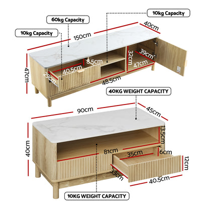 Artiss TV Unit & Coffee Table Set Storage Drawers Pine - Image 2