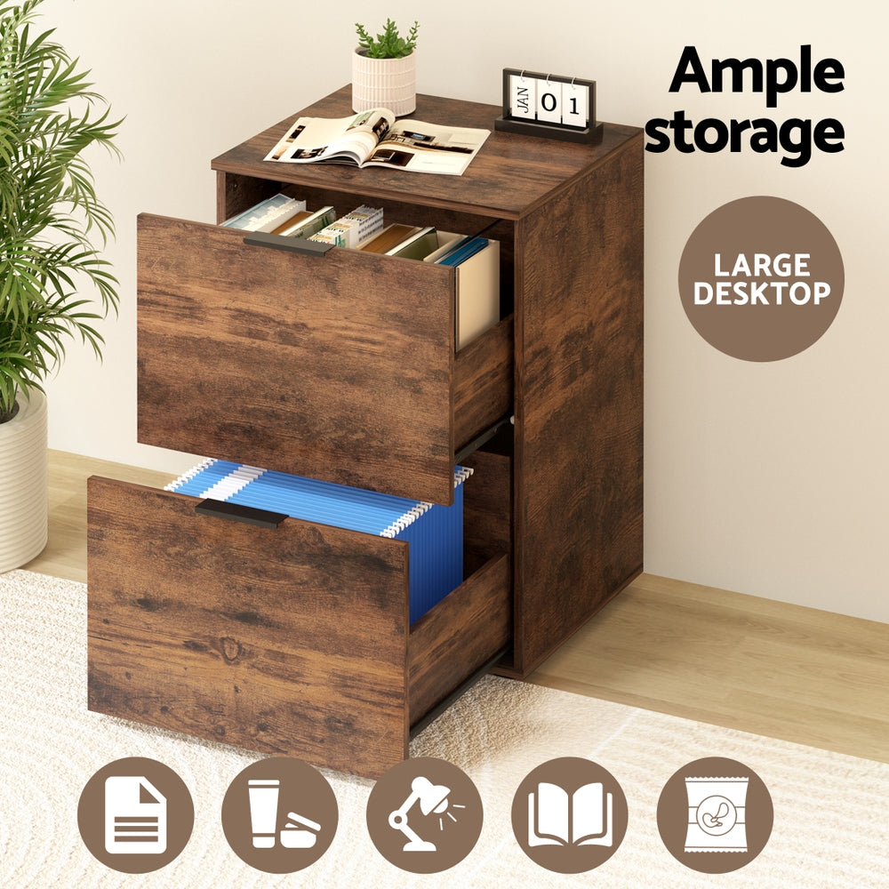 Artiss Filing Cabinet Files Storage Office Shelves File Organiser Rustic Brown 2 Drawer - Image 6
