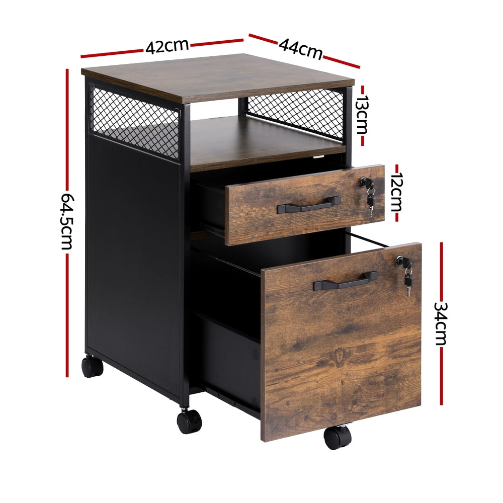 Artiss Filing Cabinet File Cabinet with Wheels 2 Drawer Storage Rustic Brown - Image 3